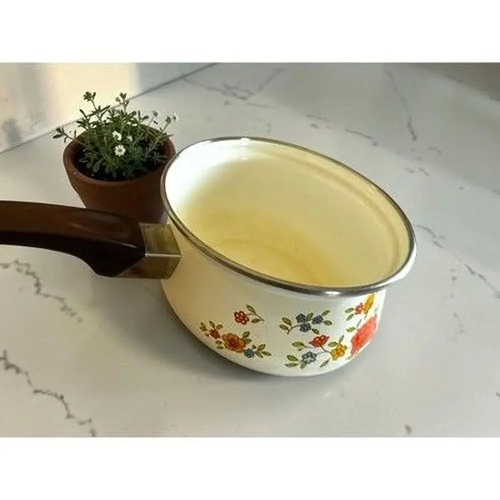 Vintage Floral Enamel Saucepan – Summer Garden Exciel Pot with Wooden Handle